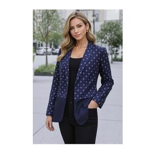CLUB MONACO Navy Silk & Wool Dual Abstract Print Tone Open Front Blazer Size 12
